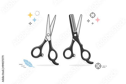 Professional salon scissors. A sleek pair of hair cutting scissors and thinning shears neatly arranged on a clean white background, subtle sparkles and tiny