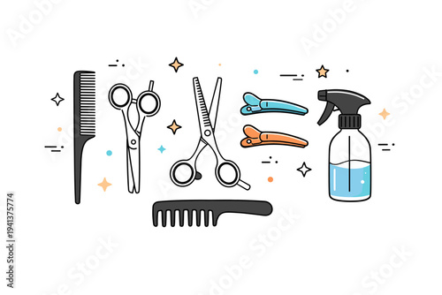 Barber tools flat lay composition. Professional salon scissors, comb, clips and spray bottle arranged in an organized top view layout, suggesting preparation