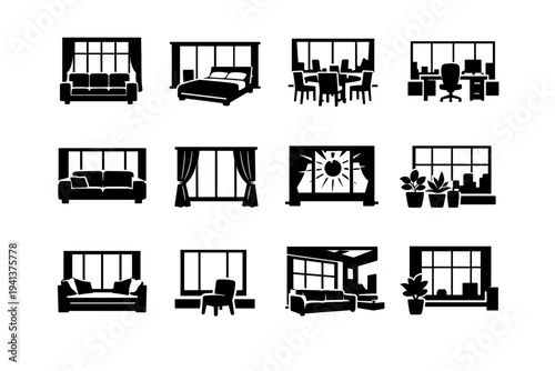 Interior With Large Windows. Solid icon set of Interior With Large Windows: living room window wall, bedroom panoramic window, dining room window, office