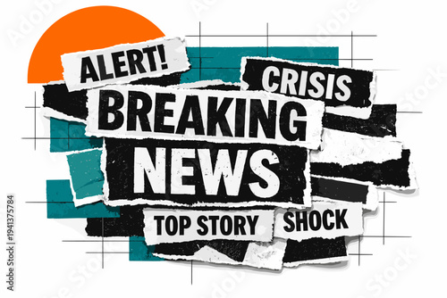 Black and white close-up of torn newspaper fragments forming a chaotic headline composition, bold orange semicircle anchoring the upper corner, teal geometric