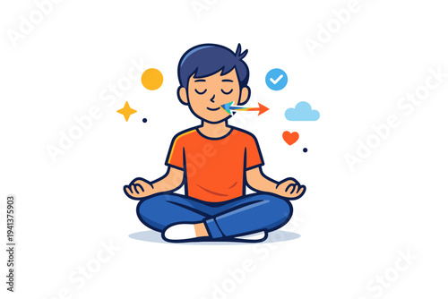 Stress relief breathing shown as a person sitting peacefully with closed eyes and subtle breath arrows, representing mindful pause balance and mental clarity.