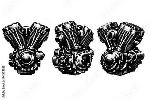 Motorcycle engine V-twin assembly shown in front, side, and three-quarter views with detailed cooling fins, cylinders, and crankcase geometry. Black and white
