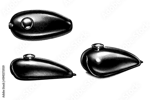 Motorcycle fuel tank classic teardrop shape displayed in top, side, and three-quarter perspectives highlighting curvature, cap placement, and surface volume.
