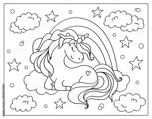 Black and white vector coloring page featuring a cute unicorn cartoon character in fairy tale style. Outline illustration for kids printable worksheet
