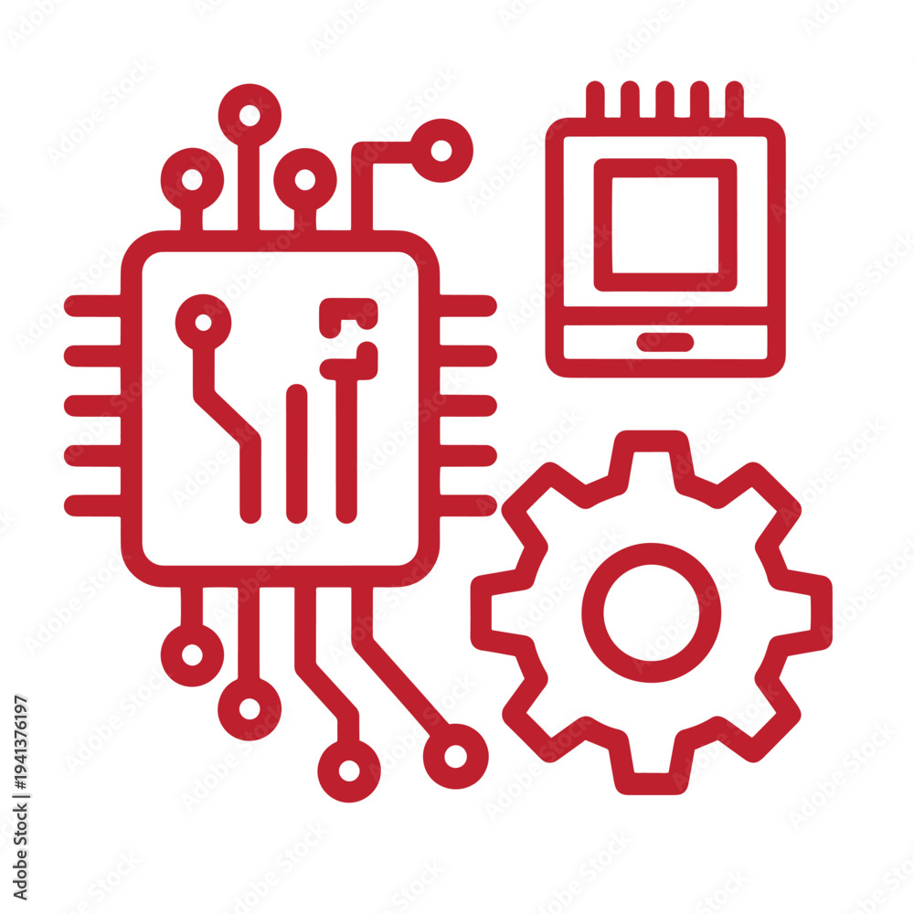 Obraz premium Red line icons of microchip computer chip gear and microprocessor on white background for technology concepts symbols of digital engineering innovation