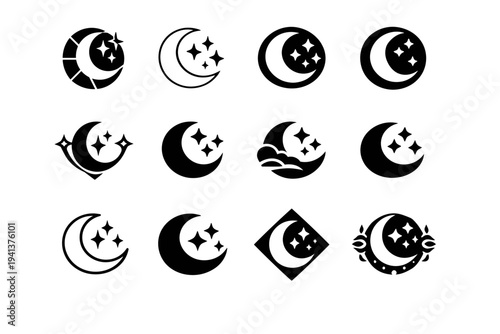 astronomical phenomena. Icon set. Set Logo of astronomical phenomena: crescent moon and stars. harmonious logo variations of the same emblematic concept, each