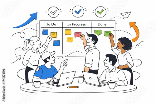 Agile Project Management. A diverse team gathered around a kanban board with colorful sticky notes, moving tasks from ?To Do? to ?Done?, small checkmarks