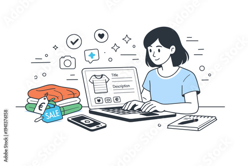 Vinted reseller listing process. A person uploading photos and writing descriptions on a laptop with clothes and tags nearby, expressing focused online selling