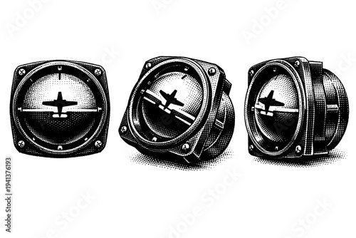 Artificial horizon attitude indicator displaying miniature aircraft symbol and horizon line shown in front, angled, and side perspectives focusing on spherical