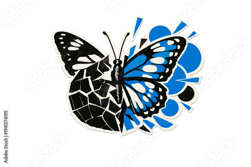 Retro-style black and white butterfly emerging from a cracked geometric cocoon, left side composed of rigid black rectangles and sharp lines, right side