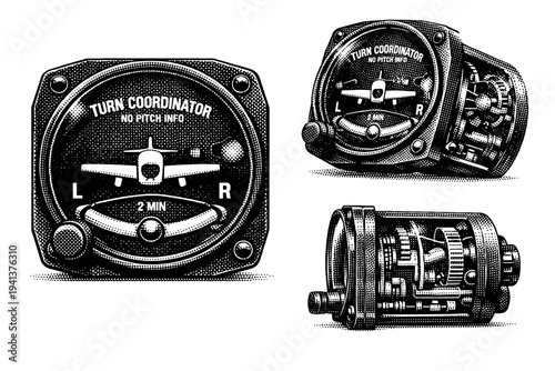 Turn coordinator instrument with miniature airplane silhouette and curved inclinometer tube presented in front, angled, and profile views detailing glass