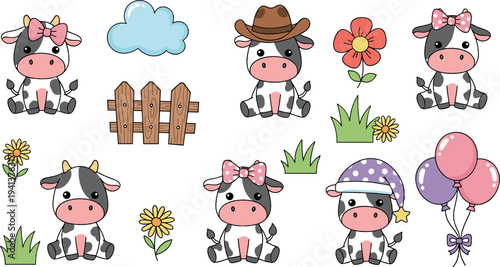 Cute baby cow vector set with bows, hat, flowers, balloons and fence cartoon farm animal illustration