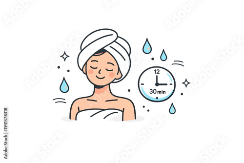 Weekly deep conditioning routine. A relaxed character with a towel wrapped around the head, small clock icon nearby indicating waiting time,