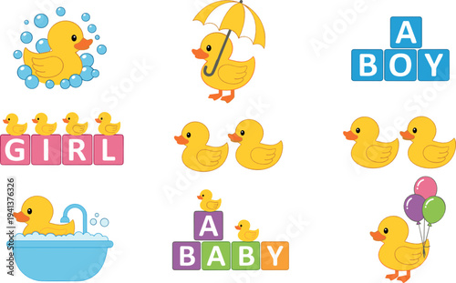 Cute baby duck vector set with bath time, umbrella, balloons and baby shower words cartoon nursery illustration collection