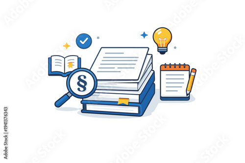 Legal research assistance illustrated by a tidy document stack paired with reference and note icons, suggesting preparation, accuracy and analytical support.
