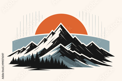 A black-and-white retro mountain silhouette constructed from sharp geometric triangles and layered paper-cut shapes, bold circular sun partially hidden behind