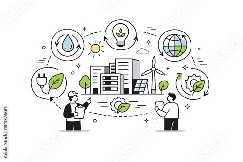 Sustainable data center design. A modern data center surrounded by water recycling symbols, responsible infrastructure and future-oriented thinking, optimistic