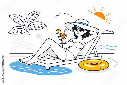 Poolside Relaxation. A stylish person wearing oversized sunglasses and a fashionable wide-brim hat lounging on a sun chair by the pool, one hand holding a cool