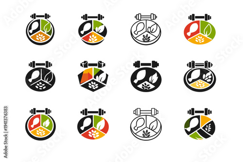 Food for fitness and athletic performance. Icon set. Set Logo of food for fitness and athletic performance: balanced plate with macros. harmonious logo