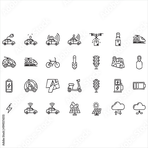 WebIcons for smart city transport including electric cars, trains, scooters, drones, traffic signals, maps, and charging stations.