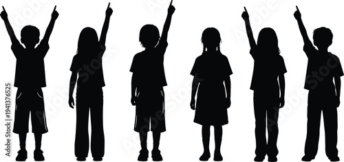Children raising hands silhouette collection with boys and girls pointing upward isolated vector illustration set
