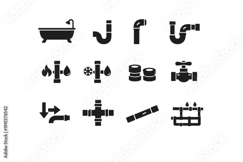 Bathtub Plumbing Diagram. Solid icon set of Bathtub Plumbing Diagram: bathtub side view, drain pipe, overflow pipe, water trap, hot water pipe, cold water