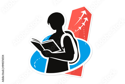 black and white silhouette of a student figure holding a book, sticker-like white outline, bold electric blue circle intersecting the torso, red geometric