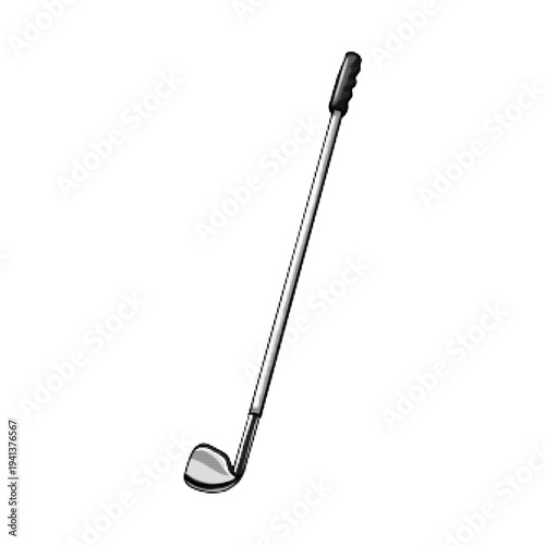 Halftone illustration of golf club isolated on white. Classic sport equipment for golf game, tournament, recreation and outdoor activity concept in black and white style.