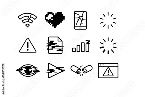 Internet Decay. Line icon set of Internet Decay: broken wifi signal, pixelated heart, cracked screen, loading spinner, error symbol, corrupted file, lag bars,