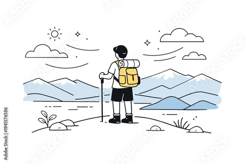 Nature hike moment. A person pausing on a hilltop, looking at distant mountains and clouds, with gentle wind lines around. The mood is peaceful, open, and