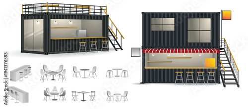 3D illustration of a modern shipping container converted into a street food cafe kiosk with outdoor seating, serving window, and minimalist industrial design. Ideal for concepts related to small  