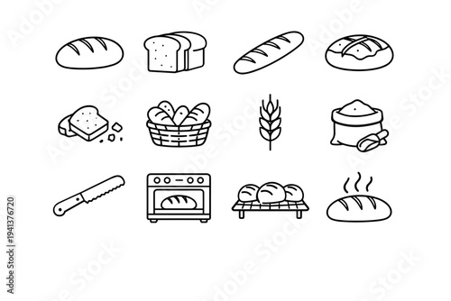 Fresh Bread. Line icon set of Fresh Bread: loaf of bread, sliced bread, baguette, bread crust, bread crumb, bread basket, wheat ear, flour bag, bread knife,