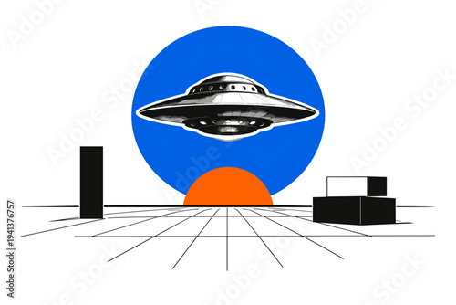 Black-and-white retro flying saucer hovering above a minimal desert horizon, subtle white outline cut-out effect around the UFO, bold electric blue circle
