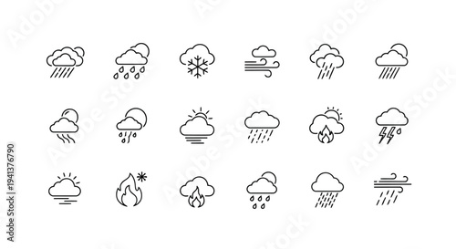 A collection of various weather condition icons in a minimalist line art style