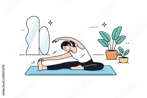 Pilates studio training. A person stretching on a mat inside a minimal studio space with abstract mirrors and plants. Calm fitness routine, mindful exercise,