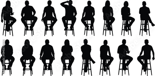 People sitting on stools silhouette collection with different seated poses isolated vector illustration set