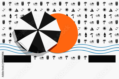 black and white retro beach umbrella viewed from above, geometric tiled repetition of small surf-related symbols forming a rhythmic background pattern, bold
