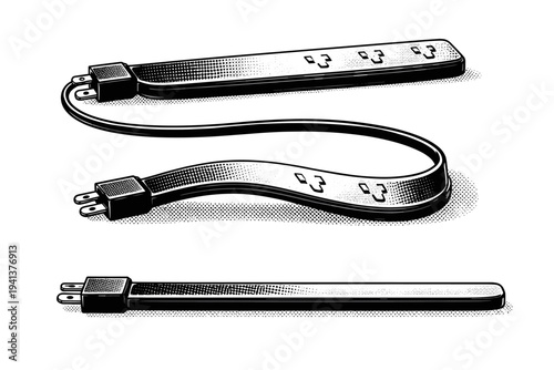 Flat extension cord cable A flat-profile extension cord cable with wide rectangular cross-section and subtle curvature shown straight, slightly bent, and