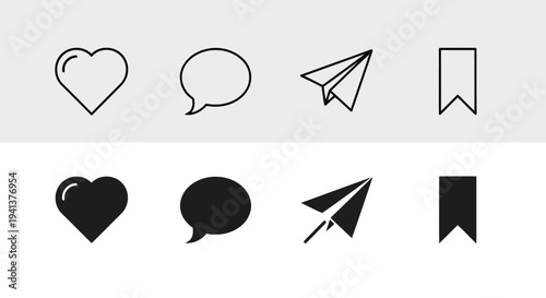 Set of stylized icons depicting heart, speech bubble, envelope, and flag in two color variations