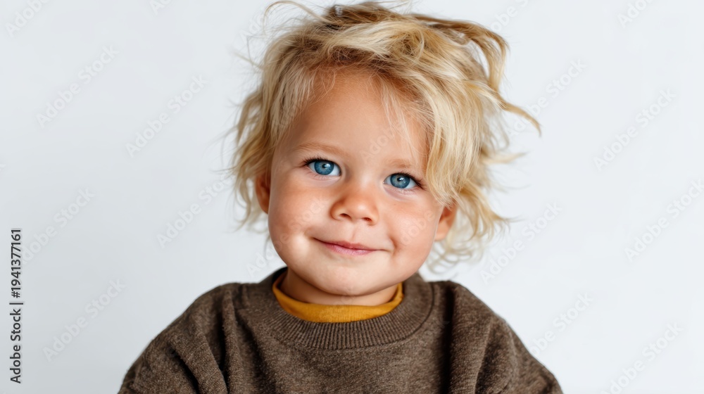 Fototapeta premium A delightful toddler with tousled blonde hair and bright blue eyes smiles sweetly, capturing the innocence and joy of childhood in a bright and playful portrait.