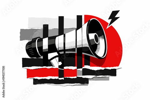 Black and white megaphone positioned sideways, intersected by vertical black lines and a large red semicircle, abstract rectangular blocks layered like torn