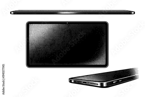 Tablet ? modern touchscreen tablet. A realistic modern touchscreen tablet shown as the same device in three different views, focusing on thin profile, screen
