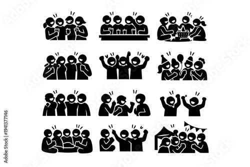 Social Gathering Laughter. Solid icon set of Social Gathering Laughter: party guests laughing, people at party laughing, friends at bar laughing, people at