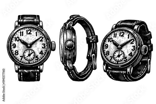 Antique wristwatch An antique wristwatch shown as one object, presented in front, profile, and angled views with historically accurate proportions and timeworn