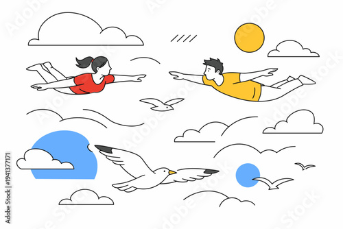 Sky freedom. Wide open sky with drifting clouds, birds gliding effortlessly through the air. Light, calm atmosphere with a sense of space and breathing. Modern