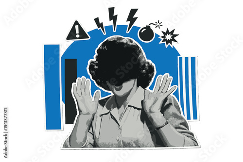 Black and white anonymous woman reacting in shock, hands raised near face, vintage photography texture, layered with blue semicircle and vertical geometric