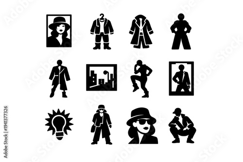 Editorial Street Fashion. Solid icon set of Editorial Street Fashion: fashion editorial portrait, styled outfit, layered textures, bold silhouette, fashion