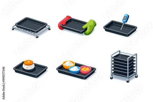 Kitchen bakeware. Isometric flat vector icons set of kitchen bakeware: baking tray on oven rack, tray with oven mitts, tray with thermometer, tray with timer,