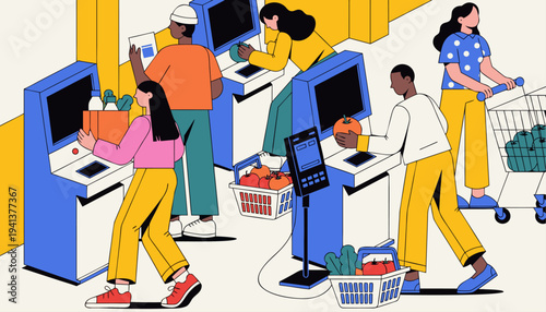 People using self service checkouts with shopping carts and baskets in a colorful semi isometric flat vector