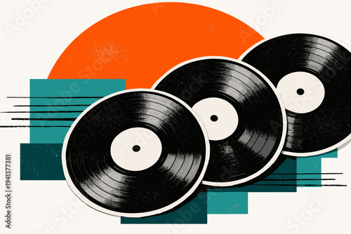 Black and white close-up vinyl records overlapping in diagonal composition, oversized orange semicircle anchoring the upper background, teal geometric blocks